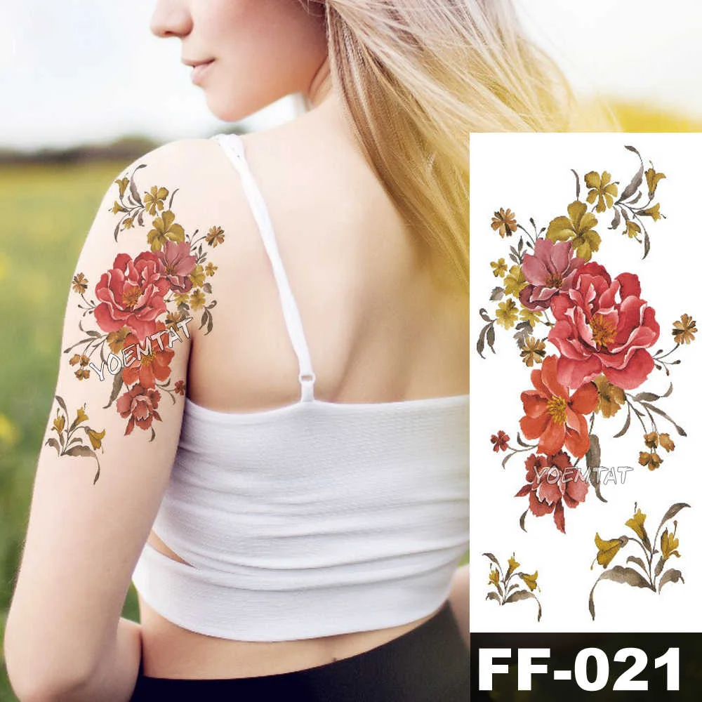 Sdrawing Watercolor Rose Lily Flower Waterproof Tattoo Stickers Women Body Chest Art Temporary Tatto Girl Waist 3D Flowers Tatoo