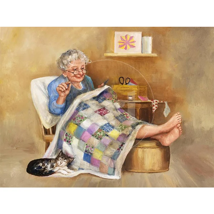 Old Woman Sewing 14CT Counted Cross Stitch 50*40CM