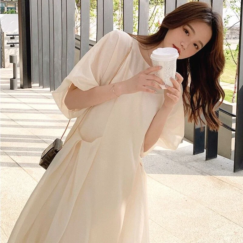 Midi Dresses Women Solid Chiffon Tender Ladies Temperament Ins French Style O-neck Puff Sleeve Dating Fashion Mujer Pockets New