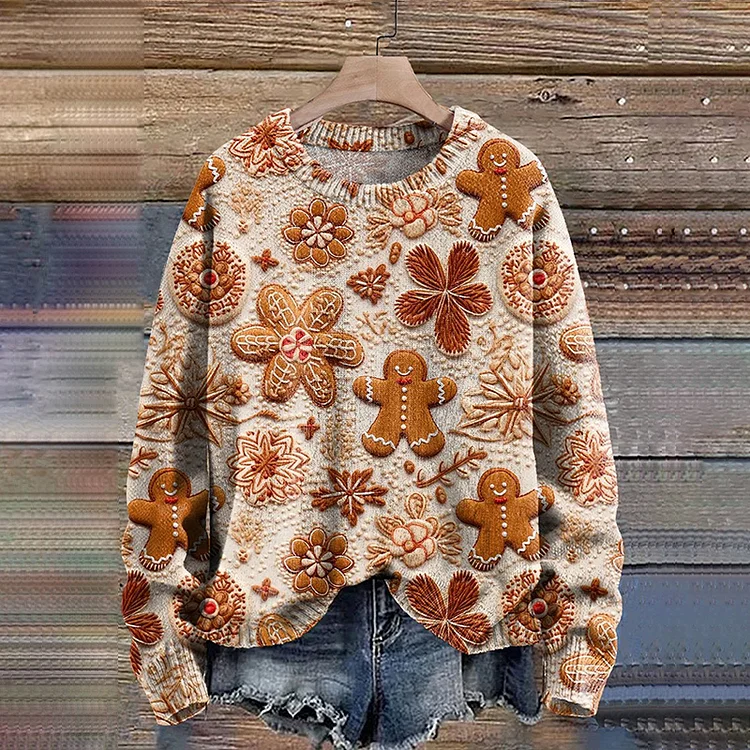 VChics Gingerbread Christmas Cookie Print Knit Pullover Sweater