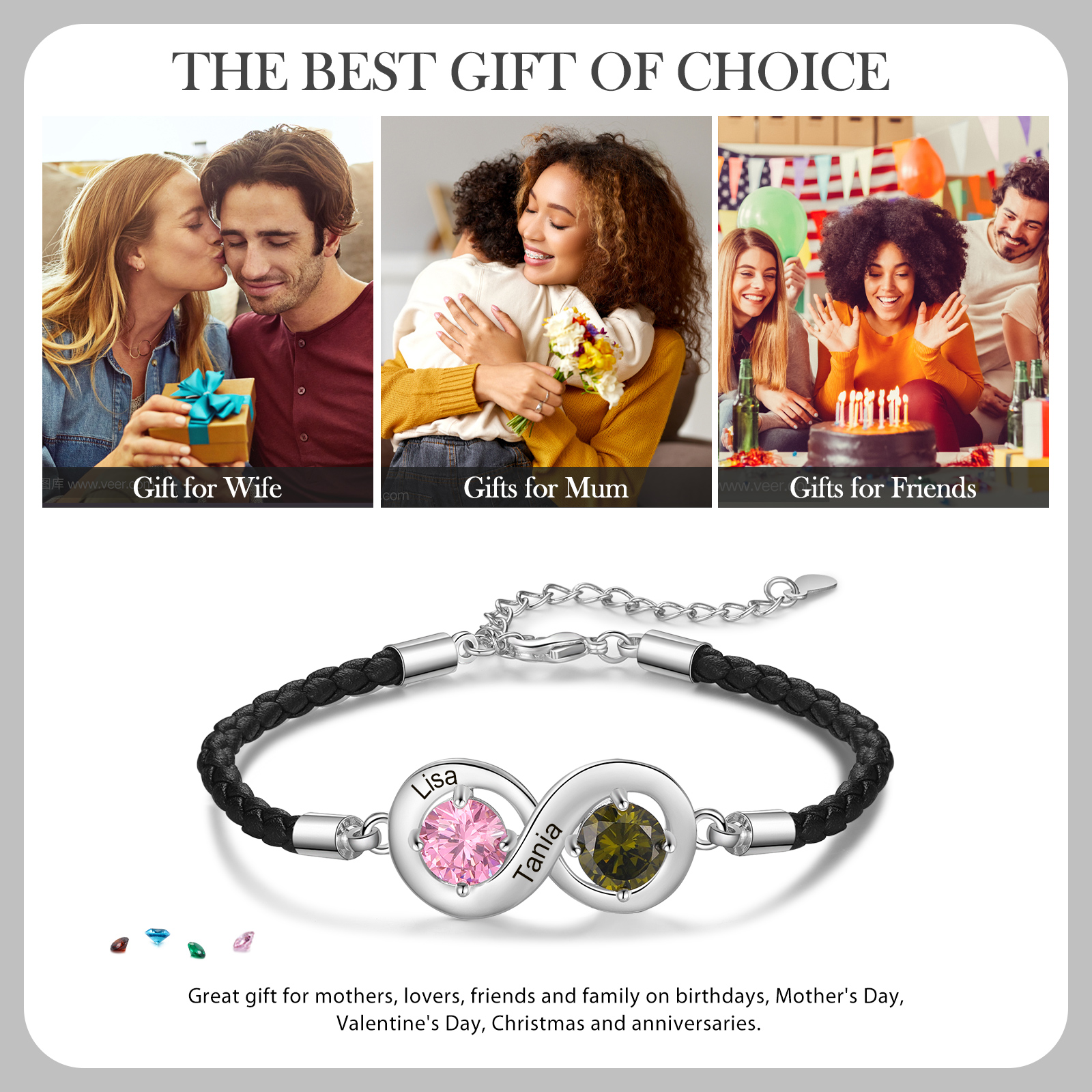 Braccialetto infinito personalizzato con 2 nomi e 2 pietre di nascita regalo per donna