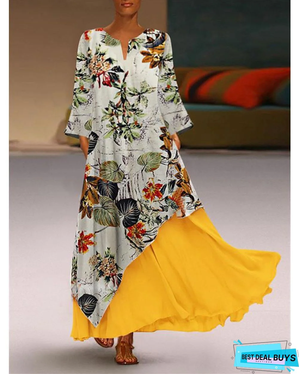 Women's Swing Dress Maxi Long Dress Long Sleeve Color Block V Neck Plus Size Hot White Yellow