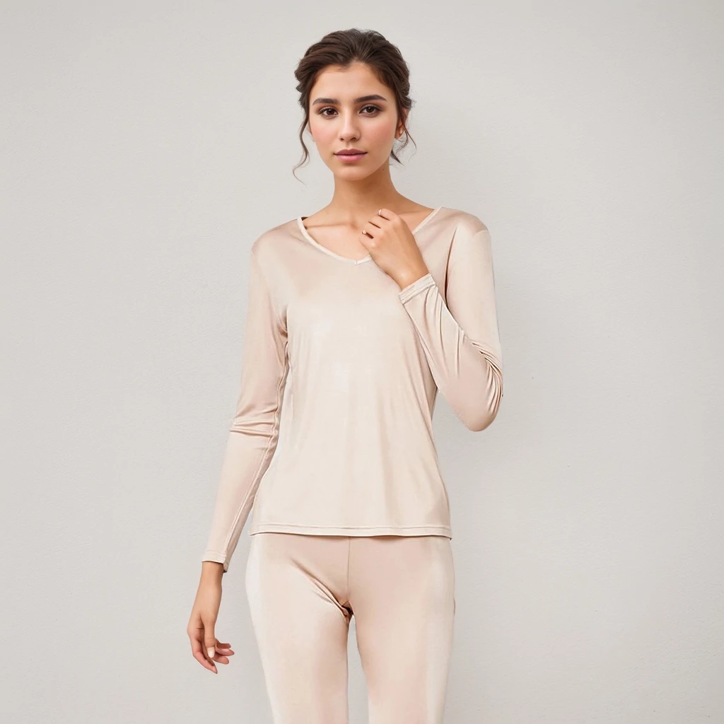 30 Silk Lightweight V-neck Thermal Underwear Set For Women REAL SILK LIFE
