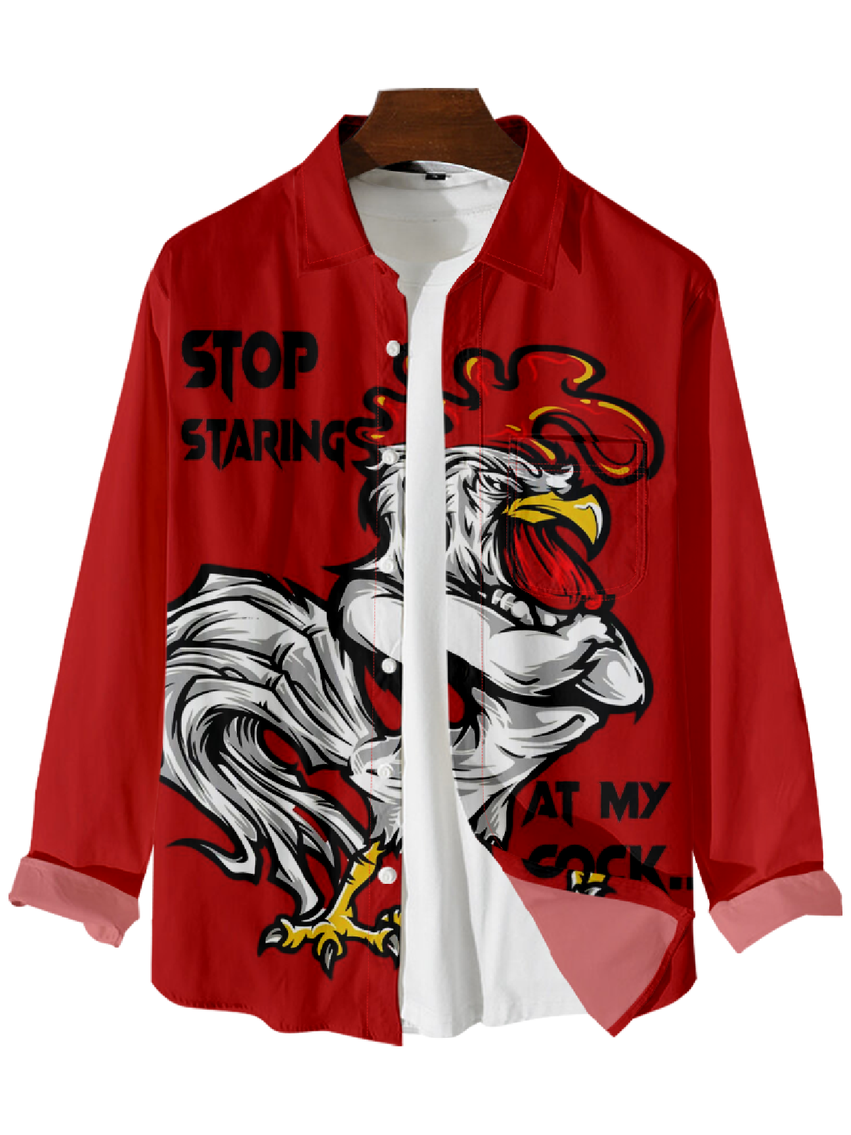 Men's Christmas Cartoon Funny Rooster Print Long Sleeve Shirt PLUSCLOTHESMAN