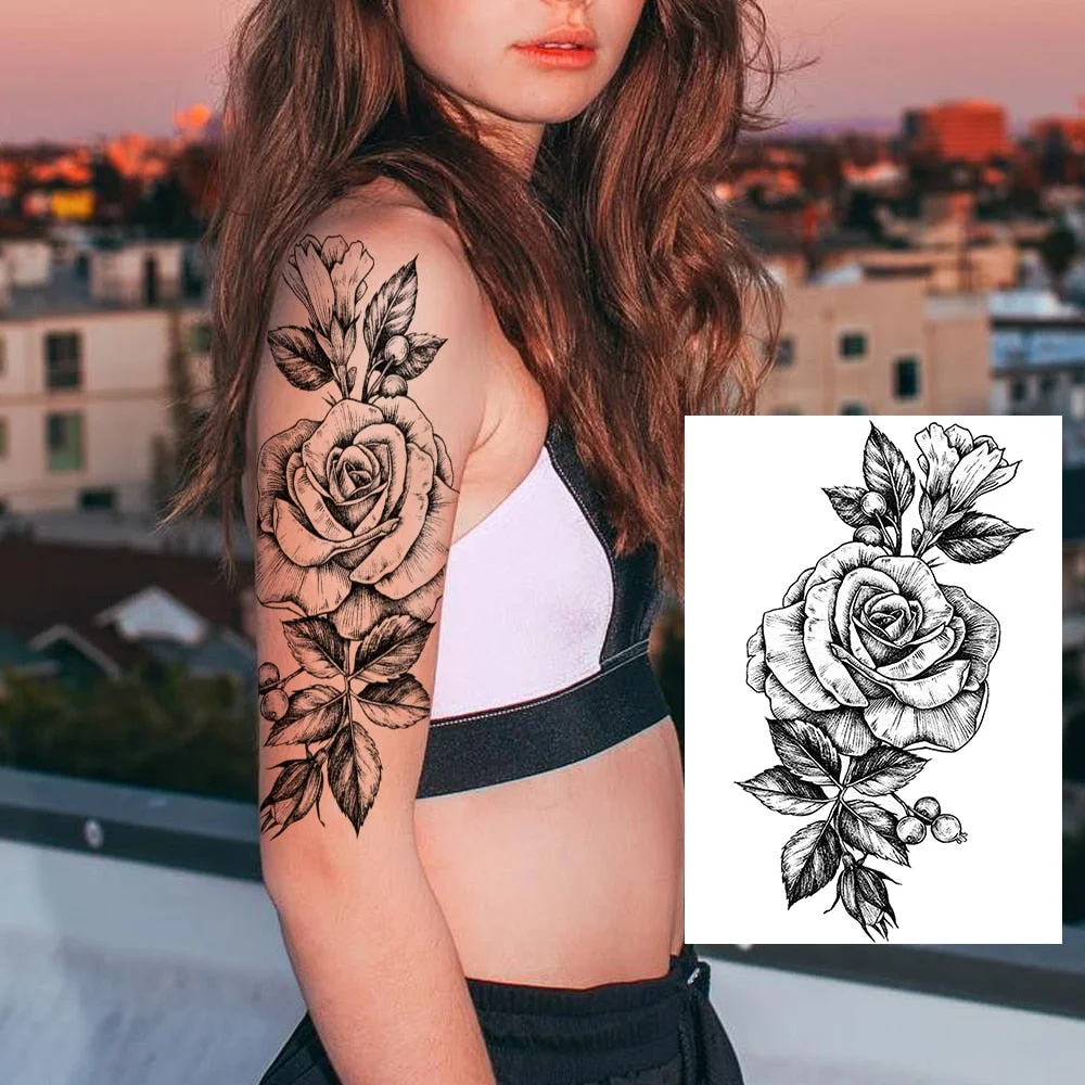 Sexy Flower Temporary Tattoos For Women Body Art Painting Arm Legs Tattoos Sticker Realistic Fake Black Rose Waterproof Tattoos