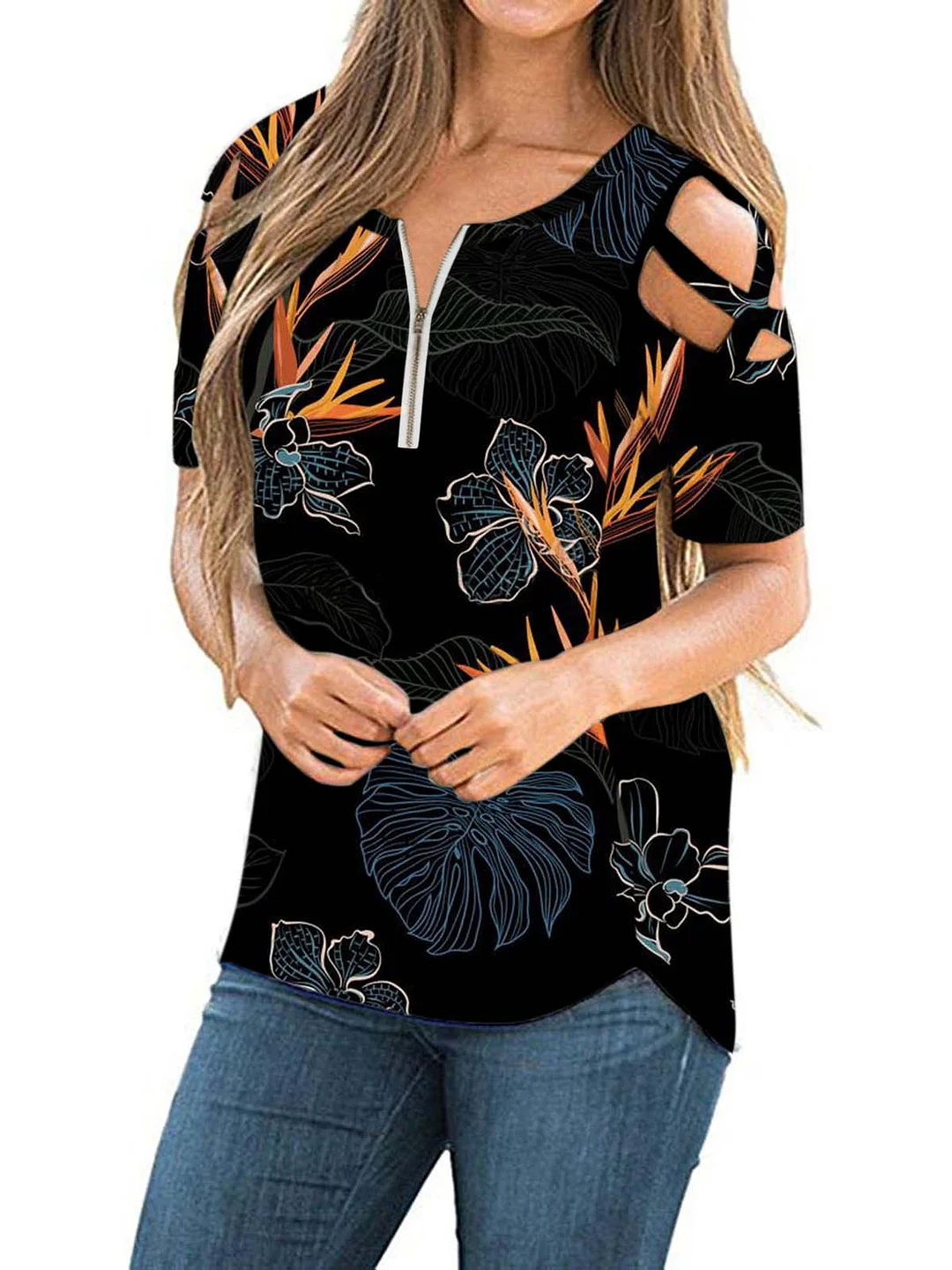 Women's Scoop Neck Short Sleeves Printed Tops
