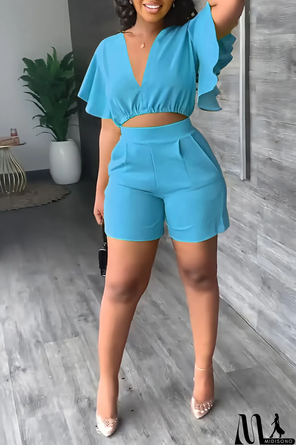 MidiSono - Yellow Casual Solid Patchwork Flounce V Neck Short Sleeve Two Pieces