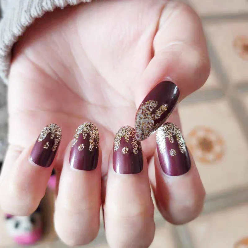 Gorgeous Women Nail Art tools 24pcs/set Red Gold Cady Glitter Color  Fake Nails With Glue Short Full Nail Tips Hybrid Nail TY-Nail Inspo