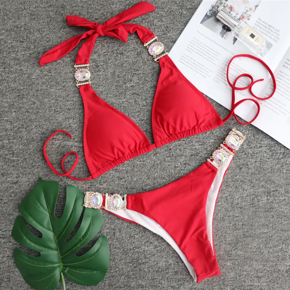Uveng Uveng 2023 New Sport Bikini Sexy Crystal Diamond Bandage Red Split Female Swimsuit