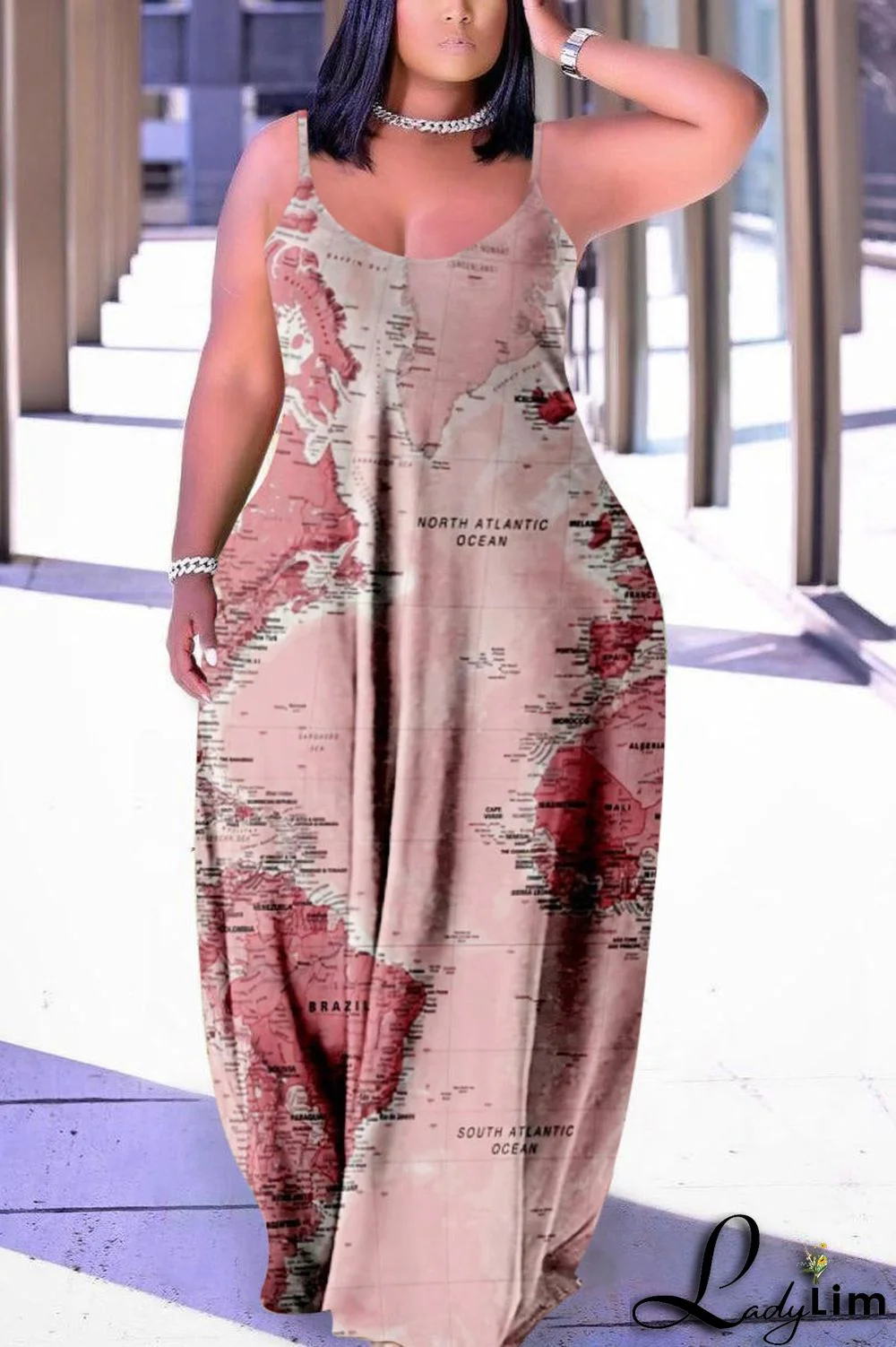 Black Red Fashion Sexy Plus Size Casual Print Backless Spaghetti Strap Long Dress