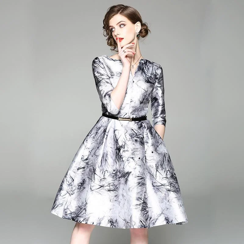 A-line satin print dress with belt