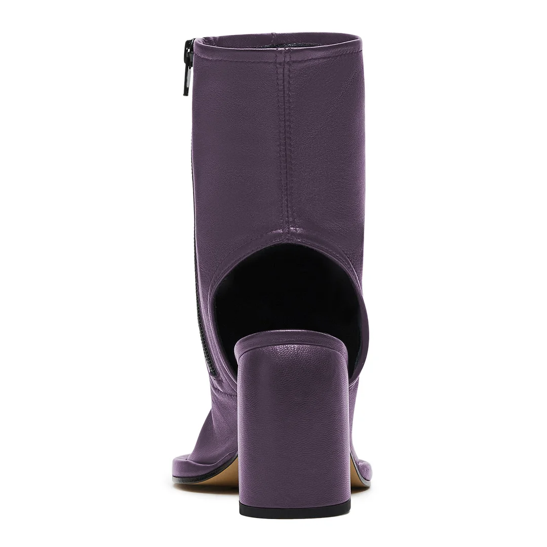 Purple Vegan Leather Open Toe Cut-Out Side-Zip Block Heel Boots   