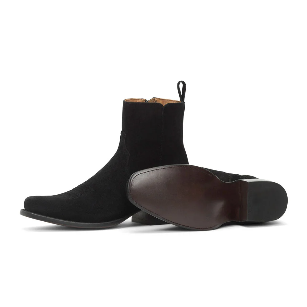 Black Vegan Suede Chunky Heel Square Toe Zipper Booties for Women