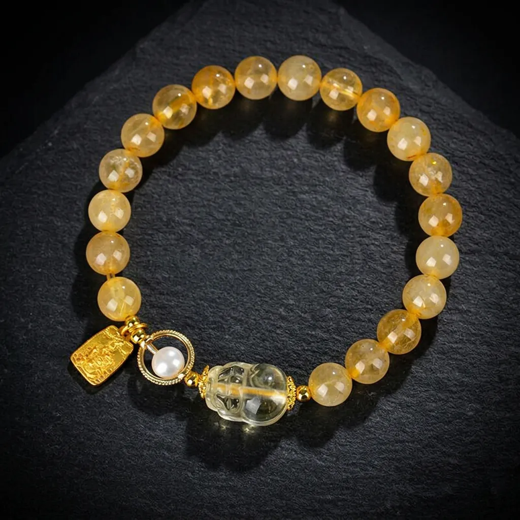 Radiant Abundance: Yellow Rutilated Quartz & Pearl Bracelet with Pixiu Charm Golden Radiance: Rutilated Quartz & Pixiu Charm
