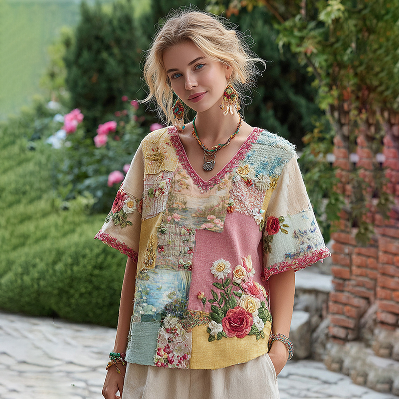 Women's Oil Painting Water Lily Floral Patchwork Comfy  Shirt  artssus