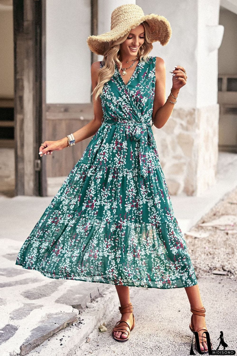 MidiSono - Floral Belted Surplice Sleeveless Tiered Dress