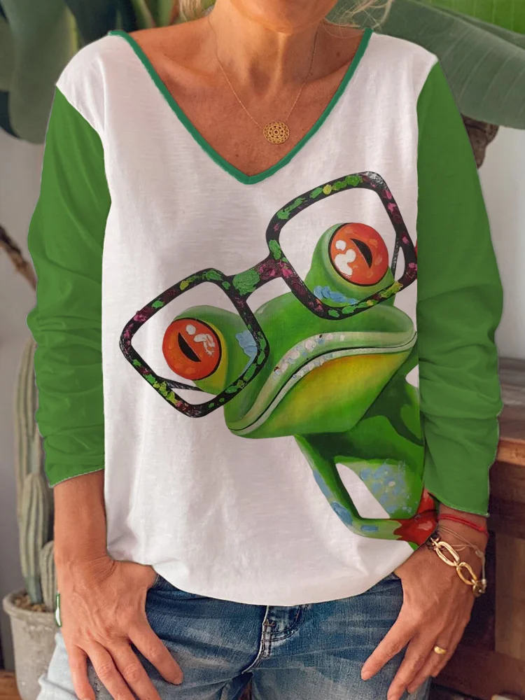 Frog With Glasses Contrast Color T-Shirt