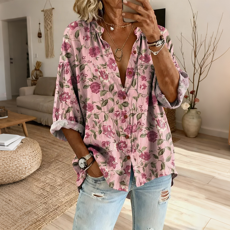 Comstylish Women's Floral Art Print Casual Cotton-linen Blend Shirt