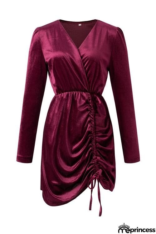 Velvet Drawstring Puff Sleeve Dress