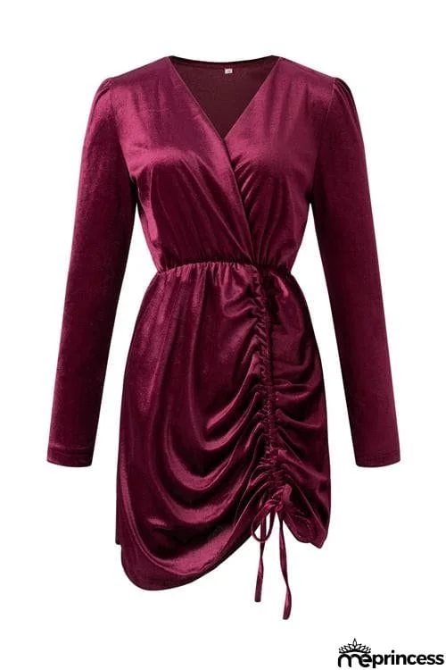 Velvet Drawstring Puff Sleeve Dress