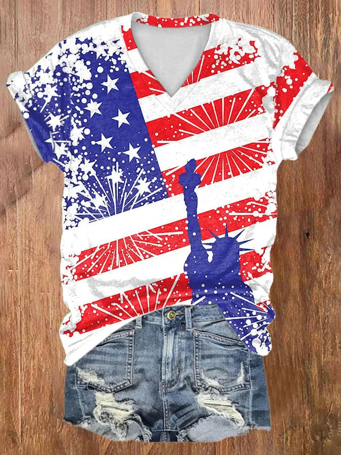 Women'S American Flag Patriotic Print V-Neck T-Shirt socialshop