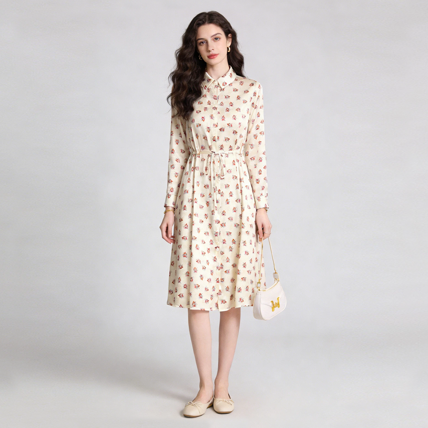 Long Sleeves Silk Dress Slim Fit Lace-up Belt REAL SILK LIFE