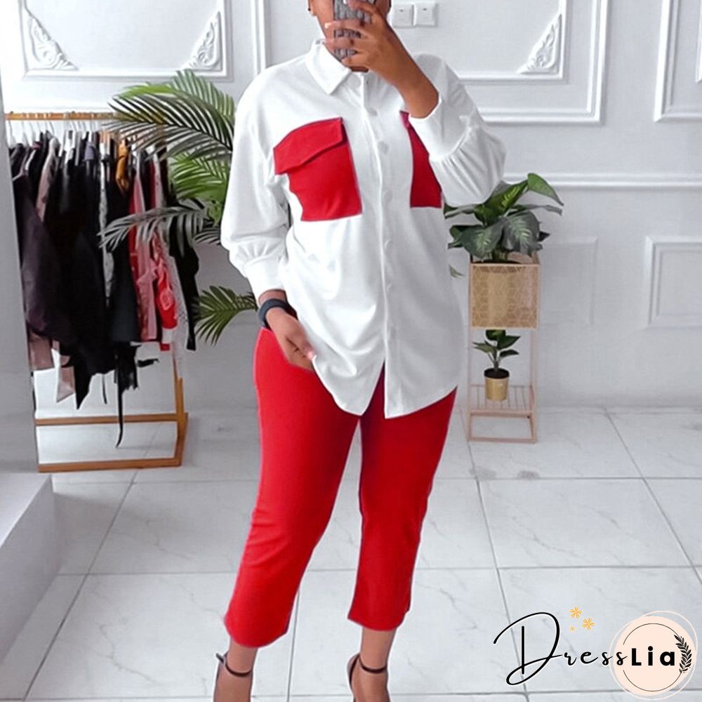 Fashion Contrasting Colors Patchwork Set 2pc Set Autumn Lapel Button Shirts & Slim Long Pants Suit New Casual Office Long Sleeve
