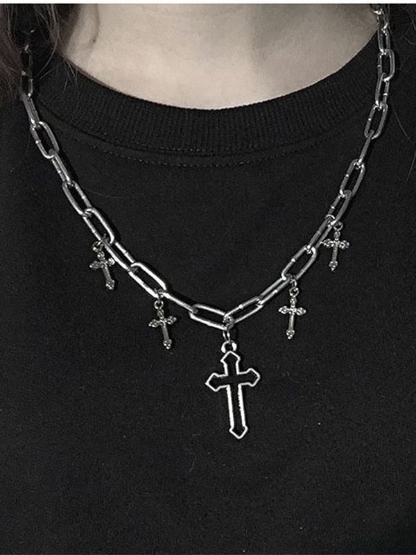 Gothic Dark Statement Vintage Street Fashion Silver Choker with Cross Pendants