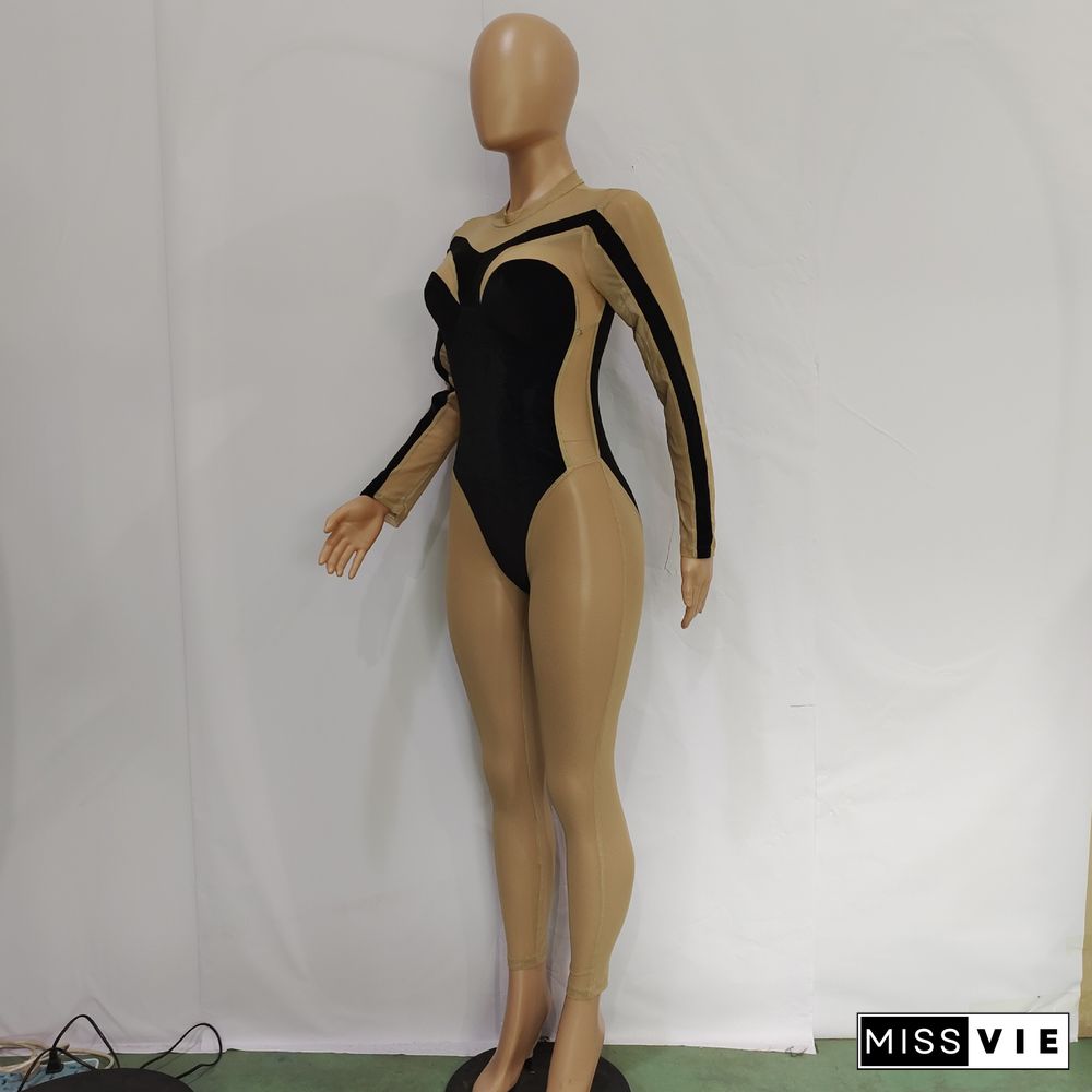 Sheer Mesh Patchwork Velvet Skinny Jumpsuit