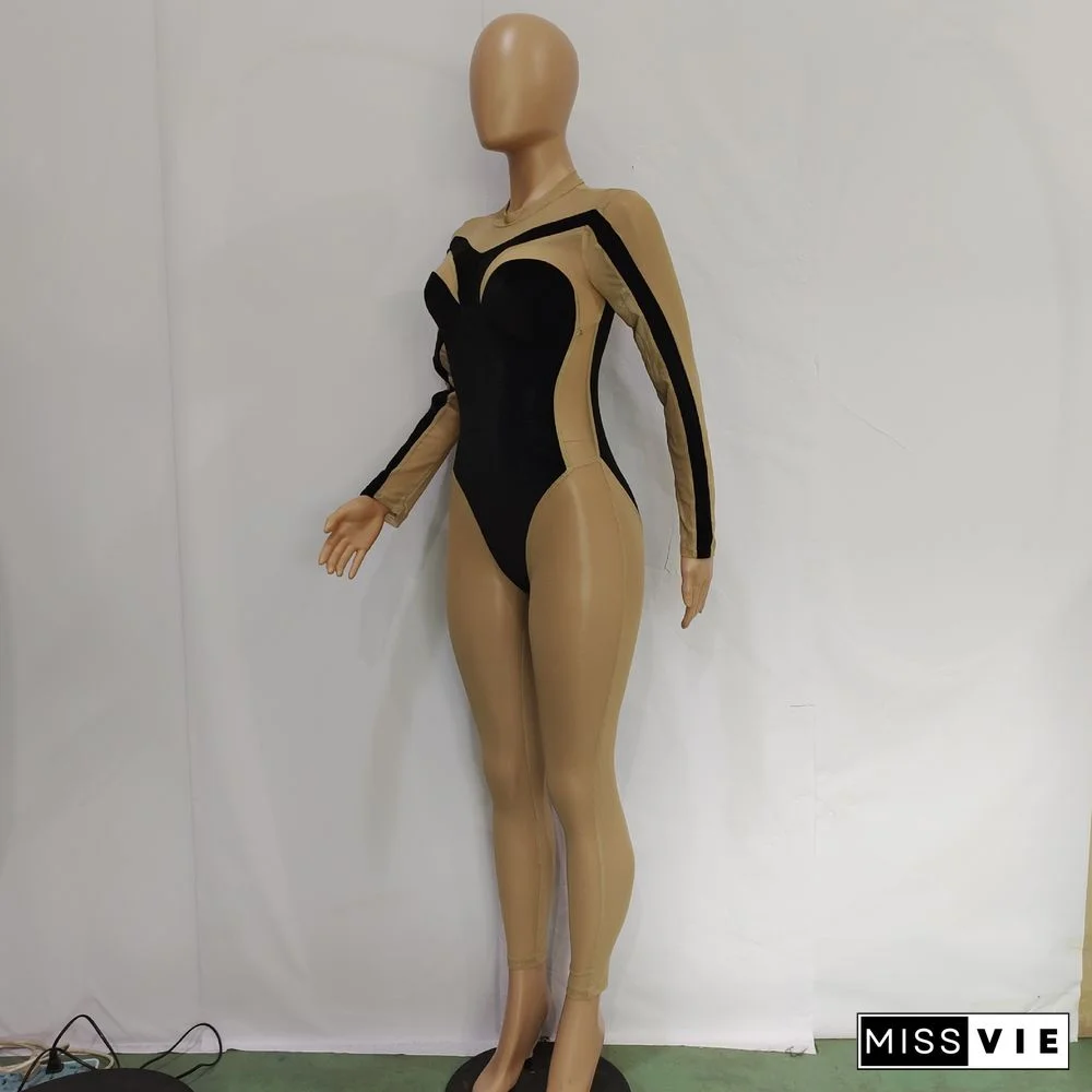 Sheer Mesh Patchwork Velvet Skinny Jumpsuit