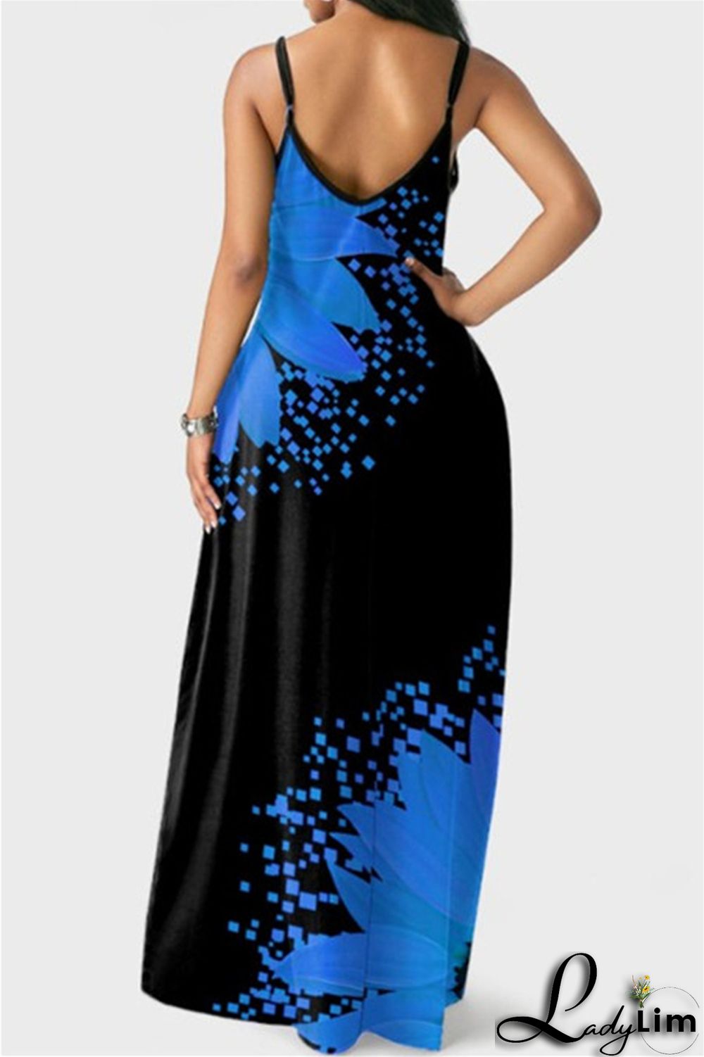 Yellow Fashion Sexy Print Backless Spaghetti Strap Long Dress