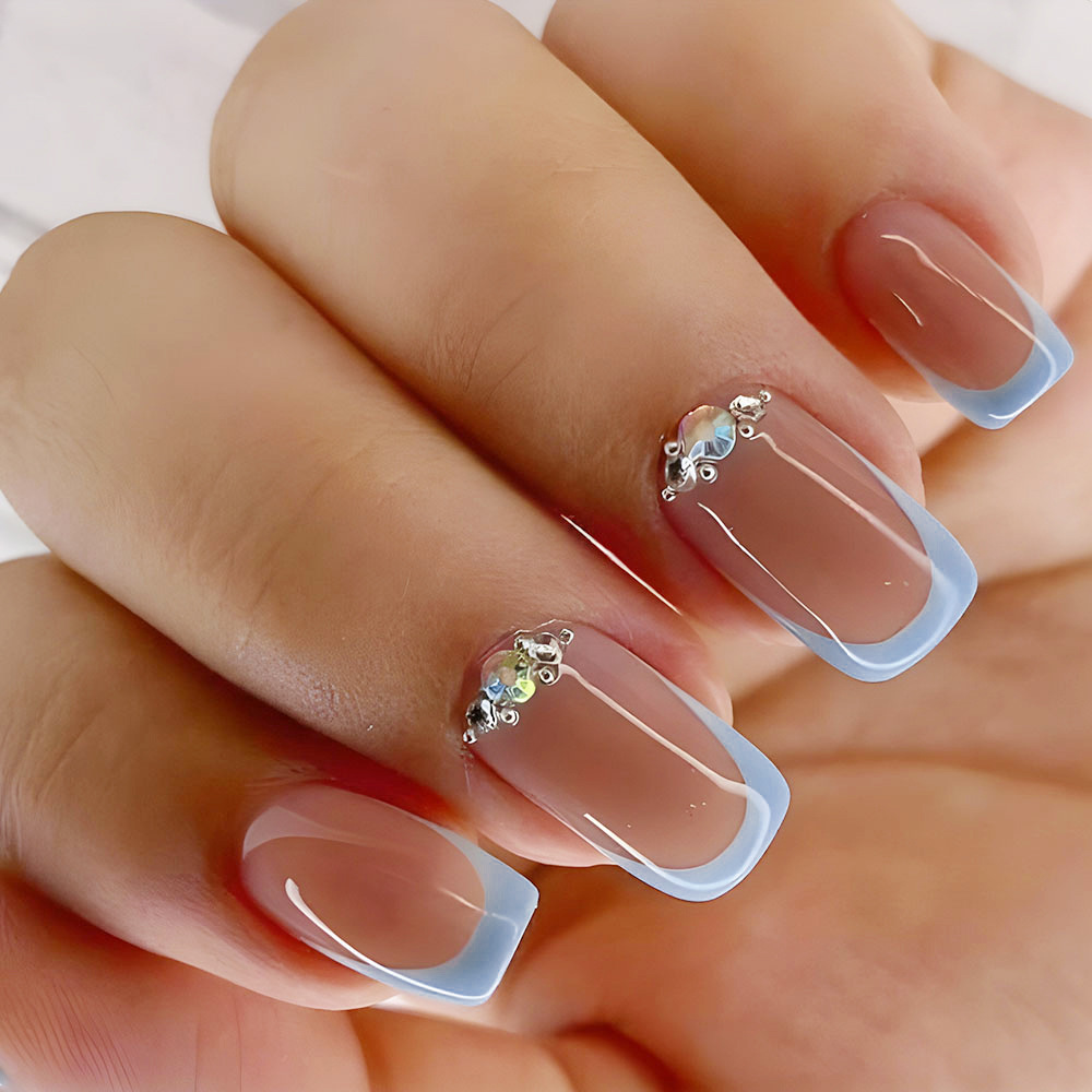 Gamehomew 24pcs French Blue Side False Nails Wearable Rhinestone Desgin Fake Nails Short Simple Nail Full Cover Nail Tips Press On Nails