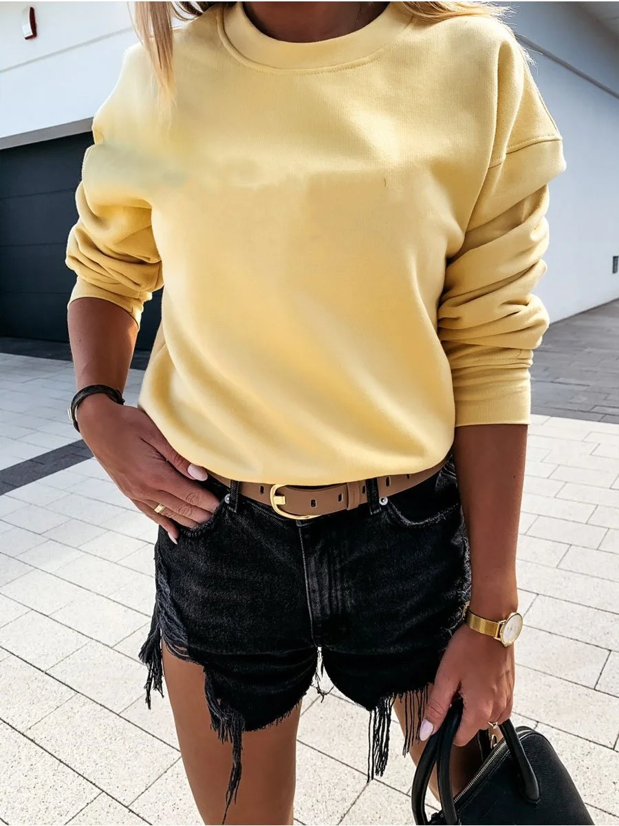 Solid Color Round Neck Long Sleeve Sweatshirt