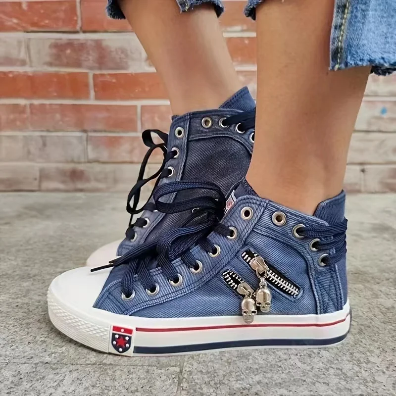 Zhungei Spring Denim Canvas Casual Sneakers Walking Lace-up Women's Retro Fashion Women's Vulcanized Shoes High Top Flat Shoes