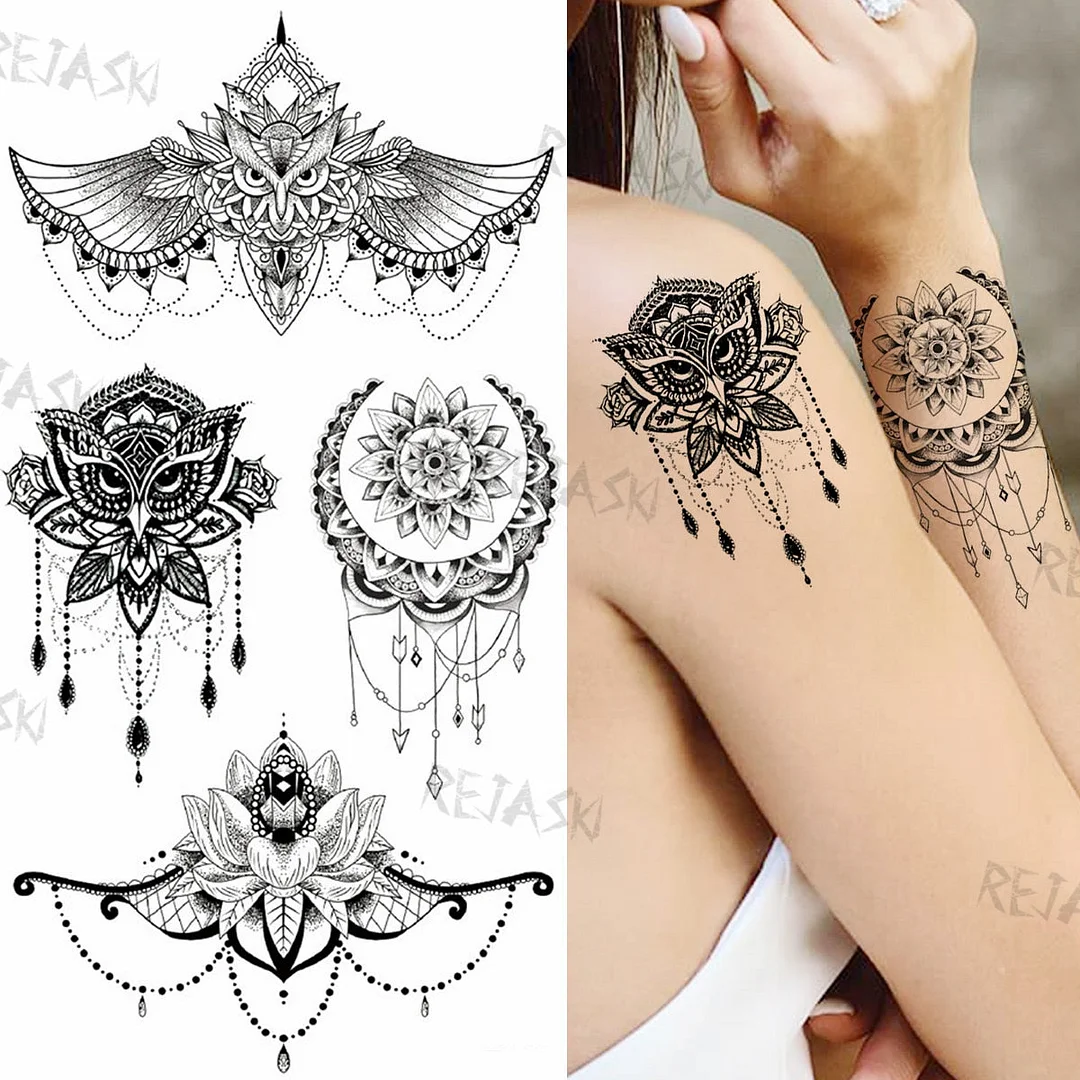 Mandala Flowers Temporary Tattoo For Women Black Henna Mehndi Tattoos Sticker Rose Lace Owl Fake Jewelry Tatoos Body Chest Back