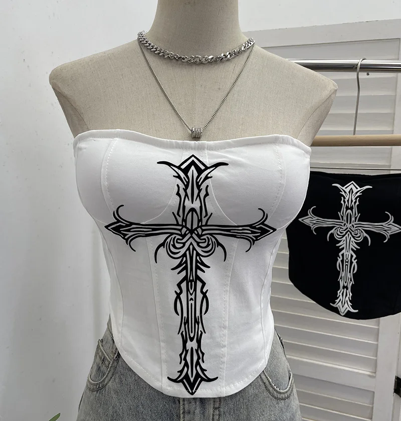 Nigikala Nigikala Cross Print Chest Vest Sling Female With Chest Cushions Anti-Slip Strip Short Babes Top 1298