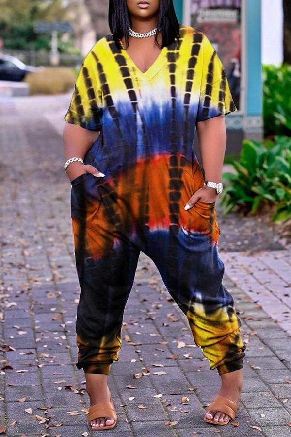 Fashion Tie Dye Pocket Loose Rompers