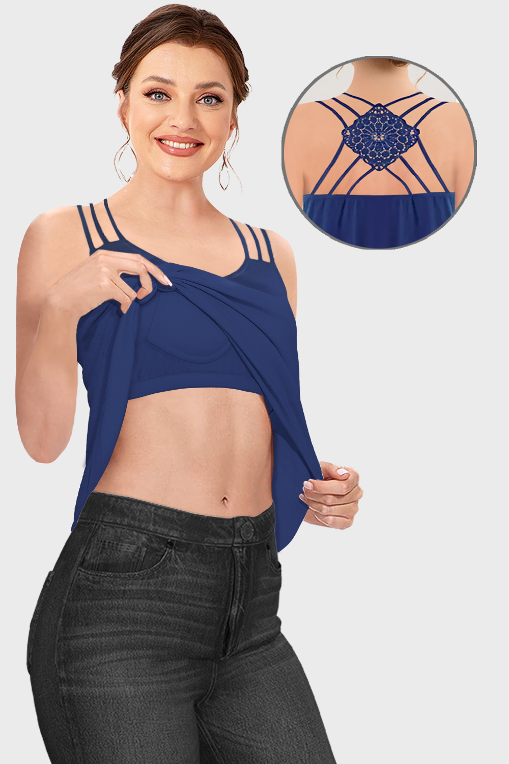 Flycurvy Plus Size Casual Navy Blue Lace Stitching Cami With Built In Bra 2024 - Flycurvy 