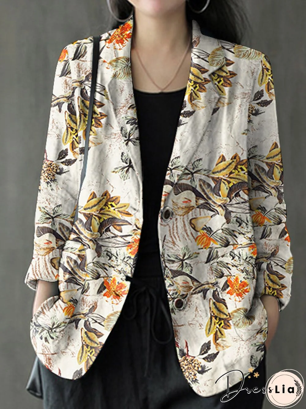 Floral Print Casual Lapel Collar Button Women Loose Blazer