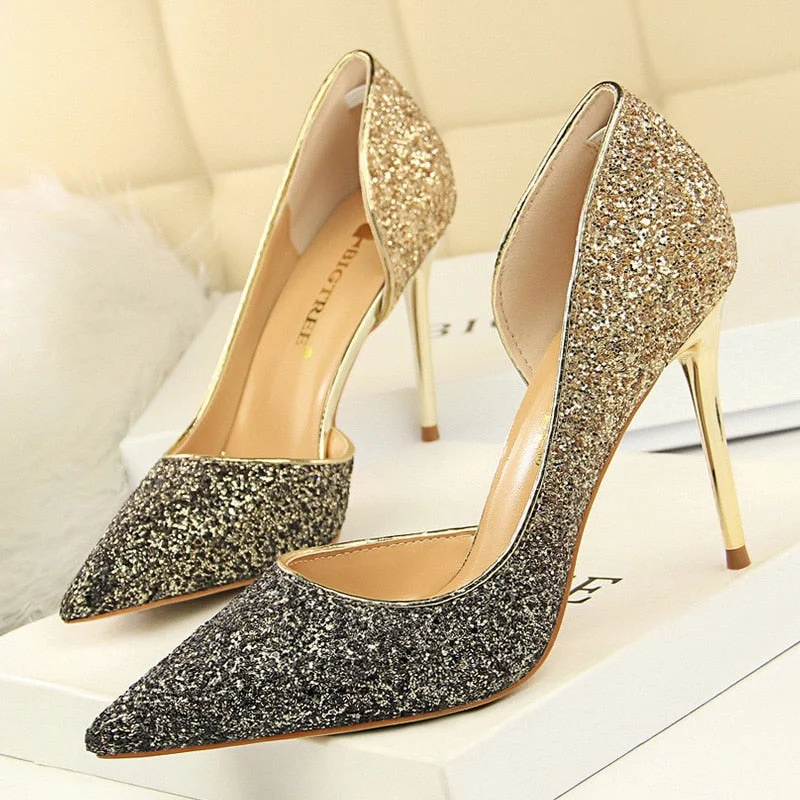 BIGTREE Shoes Sequins Woman Pumps Sexy Party Shoes High Heels Women Wedding Shoes Gold Silver Women Heels 9.5 Cm Ladies Shoes