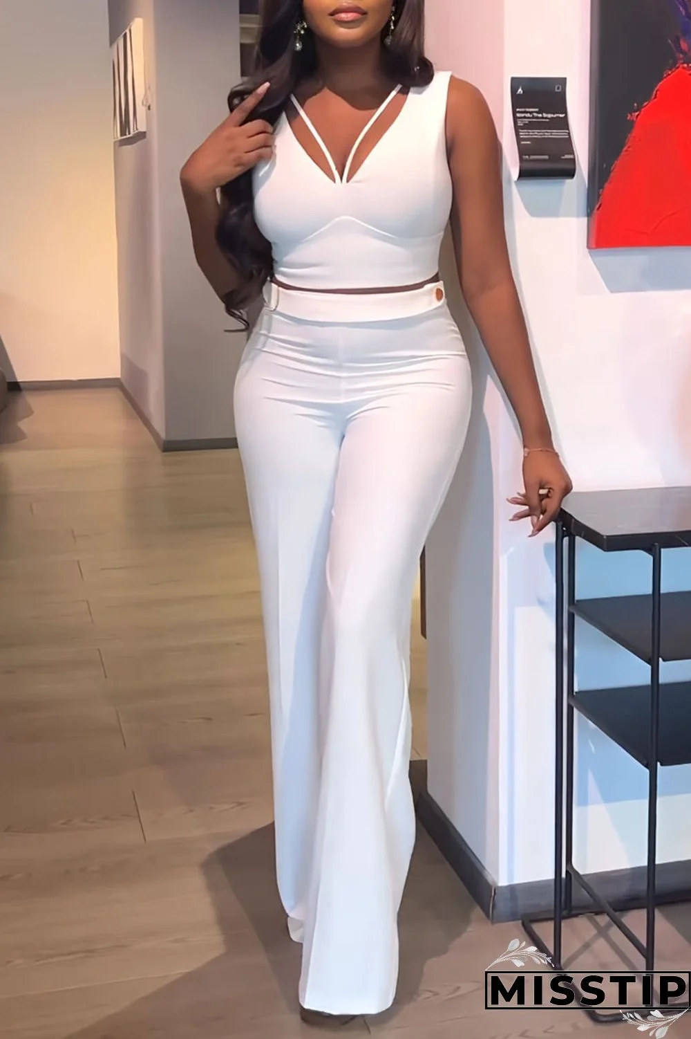 Black Casual Solid Patchwork V Neck Sleeveless Two Pieces