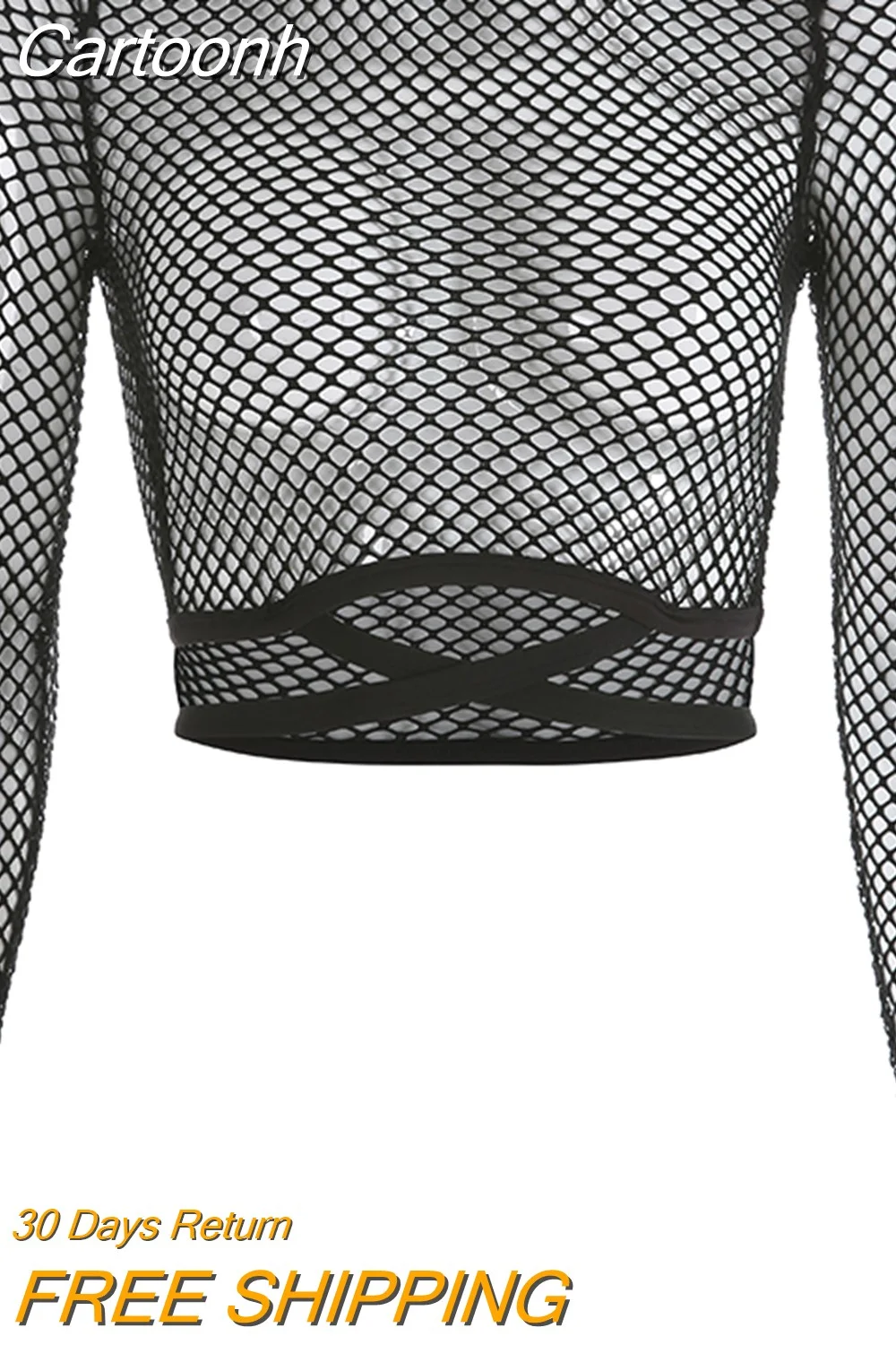 Cartoonh Fashion black long sleeve t shirt women mesh top crop tee see-through sexy lace up casual summer t-shirts 2023 tshirt