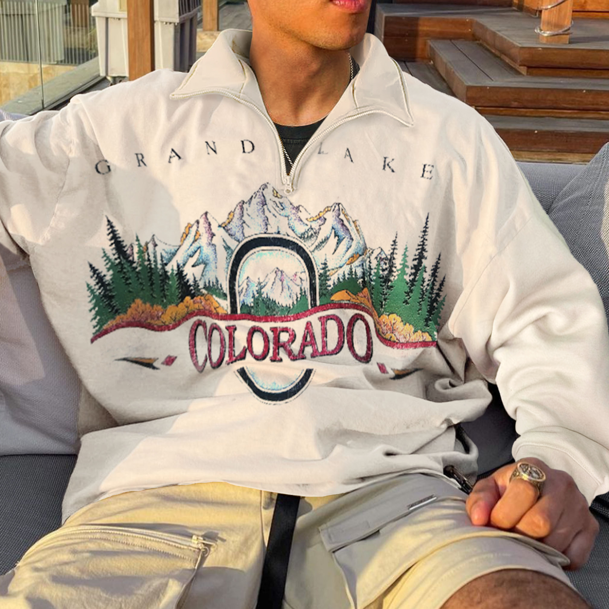 Men's Vintage Colorado Print Long Sleeve Zip Polo Neck Oversize Sweatshirt