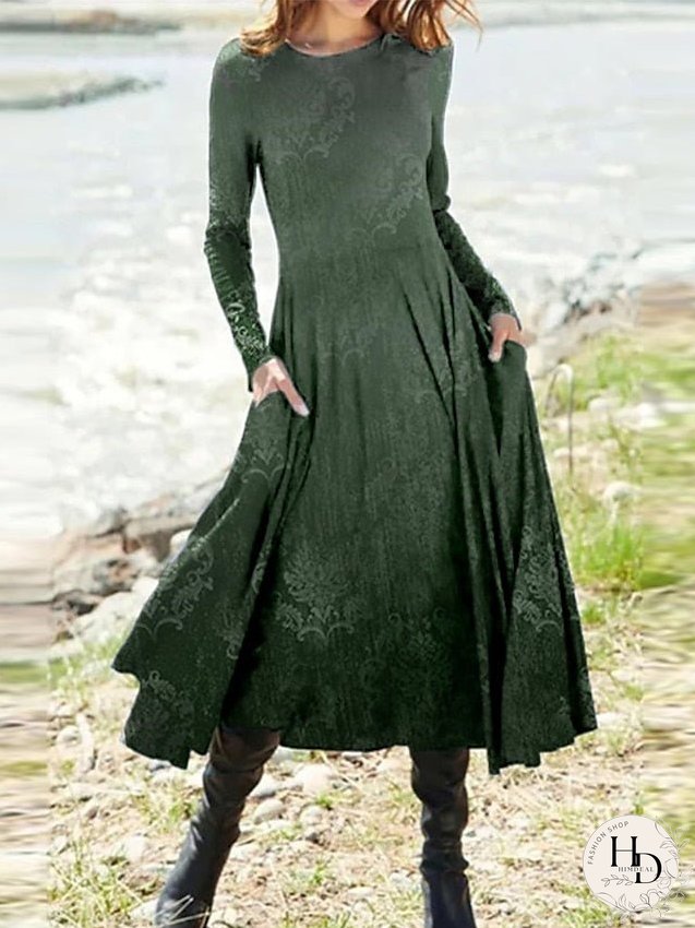 Casual Dress Ethnic Dress Swing Dress Midi Dress Green Long Sleeve Color Gradient Pocket Winter Fall Autumn Round Neck Vacation Winter Dress Fall Dress S M L XL XXL 3XL for Women