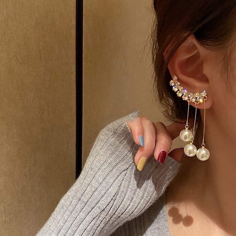 Semi-circular pearl long tassel earrings