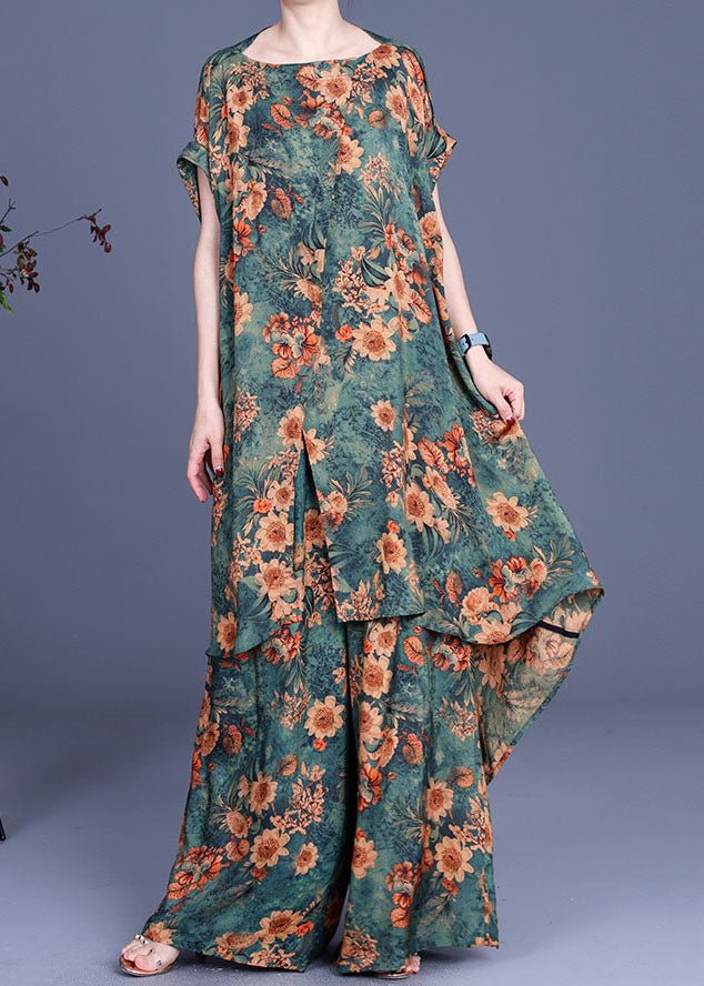 French Green Print low high design Fall Short Sleeve Two Piece Set