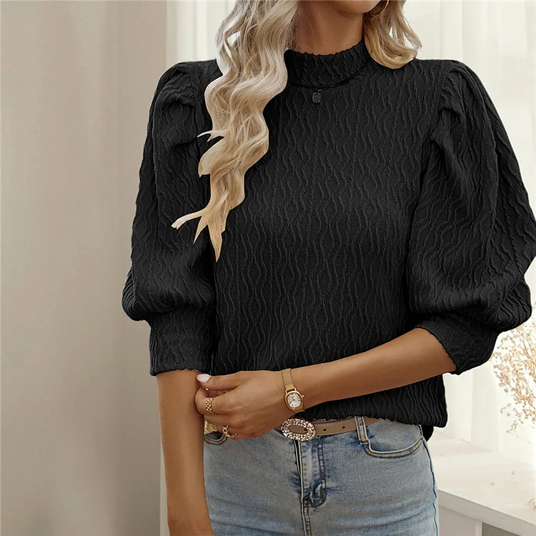 Solid Color Half Turtleneck Half Sleeve Pullover Blouse