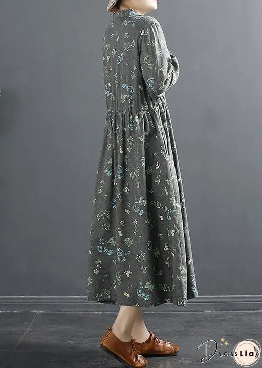 Vivid Drawstring Spring Long Design Gray Print Dresses