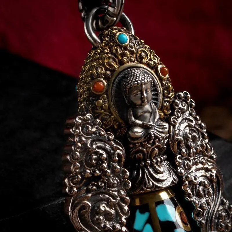 Tibetan Nine-Eye Dzi Bead Turquoise Buddha Wealth Rotation Necklace
