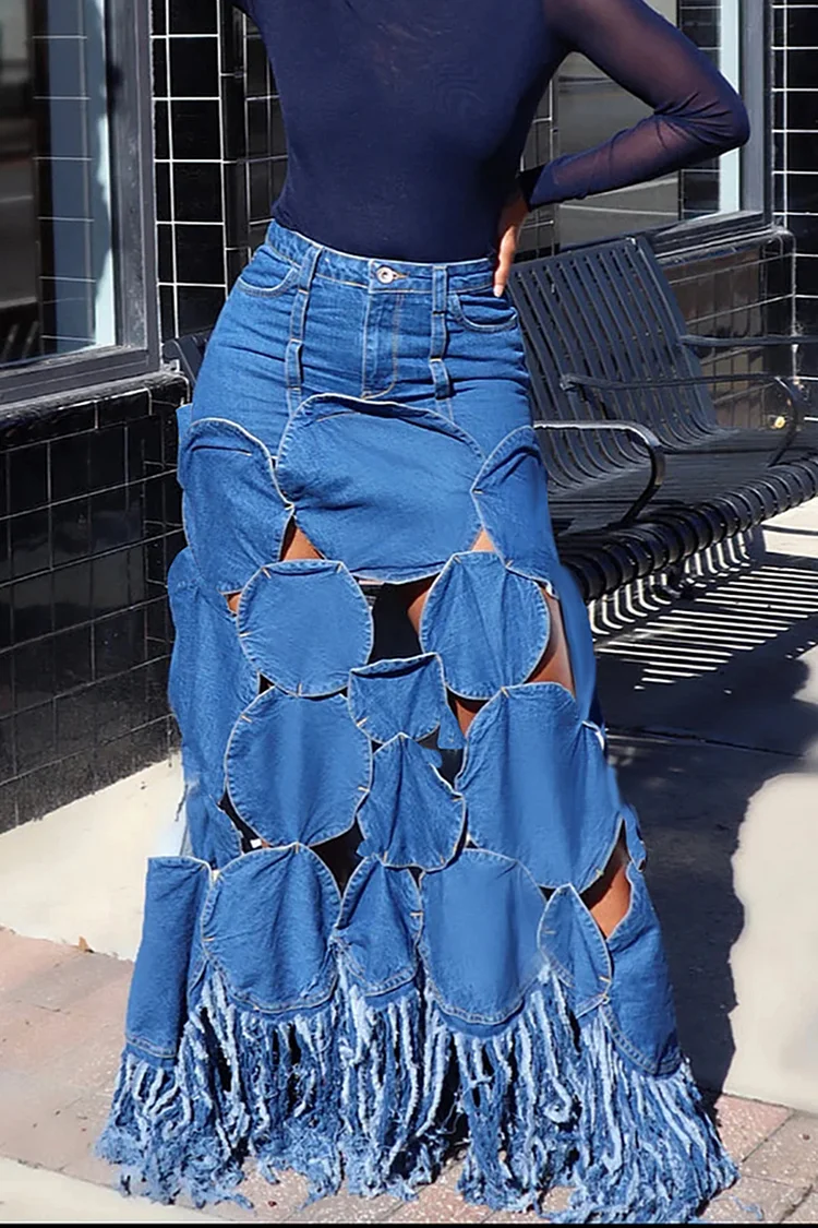 Xpluswear Plus Size Blue Casual Circle W/Insert Cut Out Fringe Denim Skirt